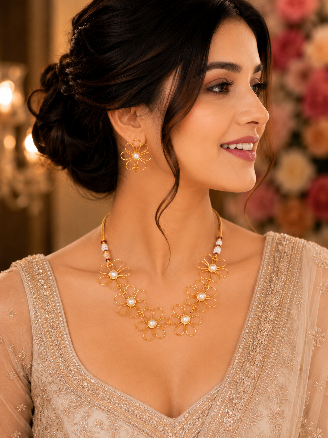 Floral Glamour Gold Plated Necklace Set with Earrings
