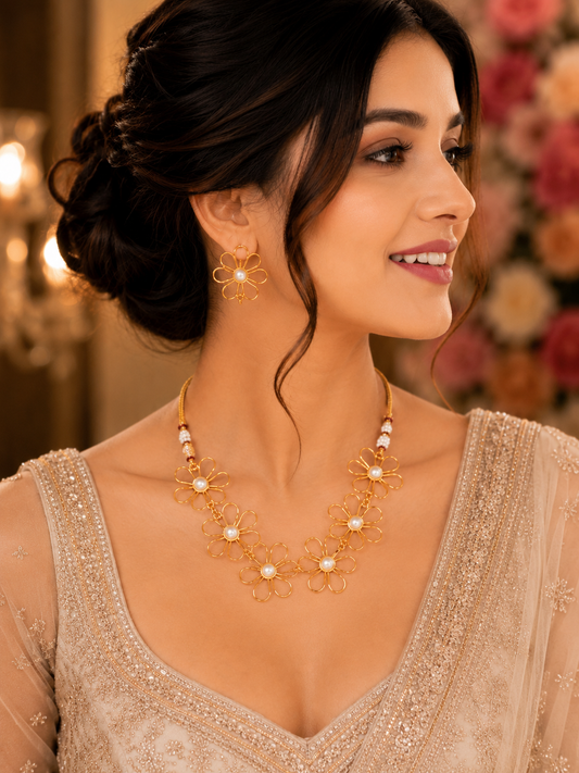 Floral Glamour Gold Plated Necklace Set with Earrings