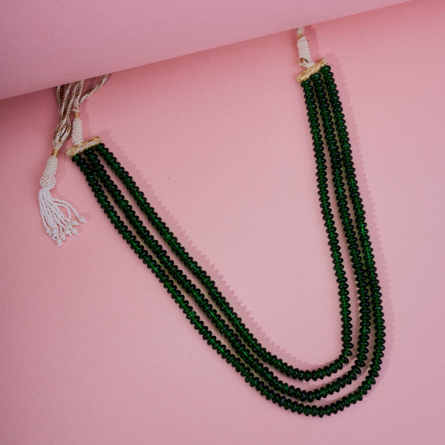 Triple Layer Beaded Necklace with Pearl Tassel Dori, Traditional Layered Long Necklace