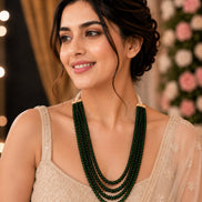 Triple Layer Beaded Necklace with Pearl Tassel Dori, Traditional Layered Long Necklace