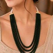 Triple Layer Beaded Necklace with Pearl Tassel Dori, Traditional Layered Long Necklace