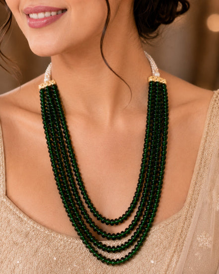 Triple Layer Beaded Necklace with Pearl Tassel Dori, Traditional Layered Long Necklace
