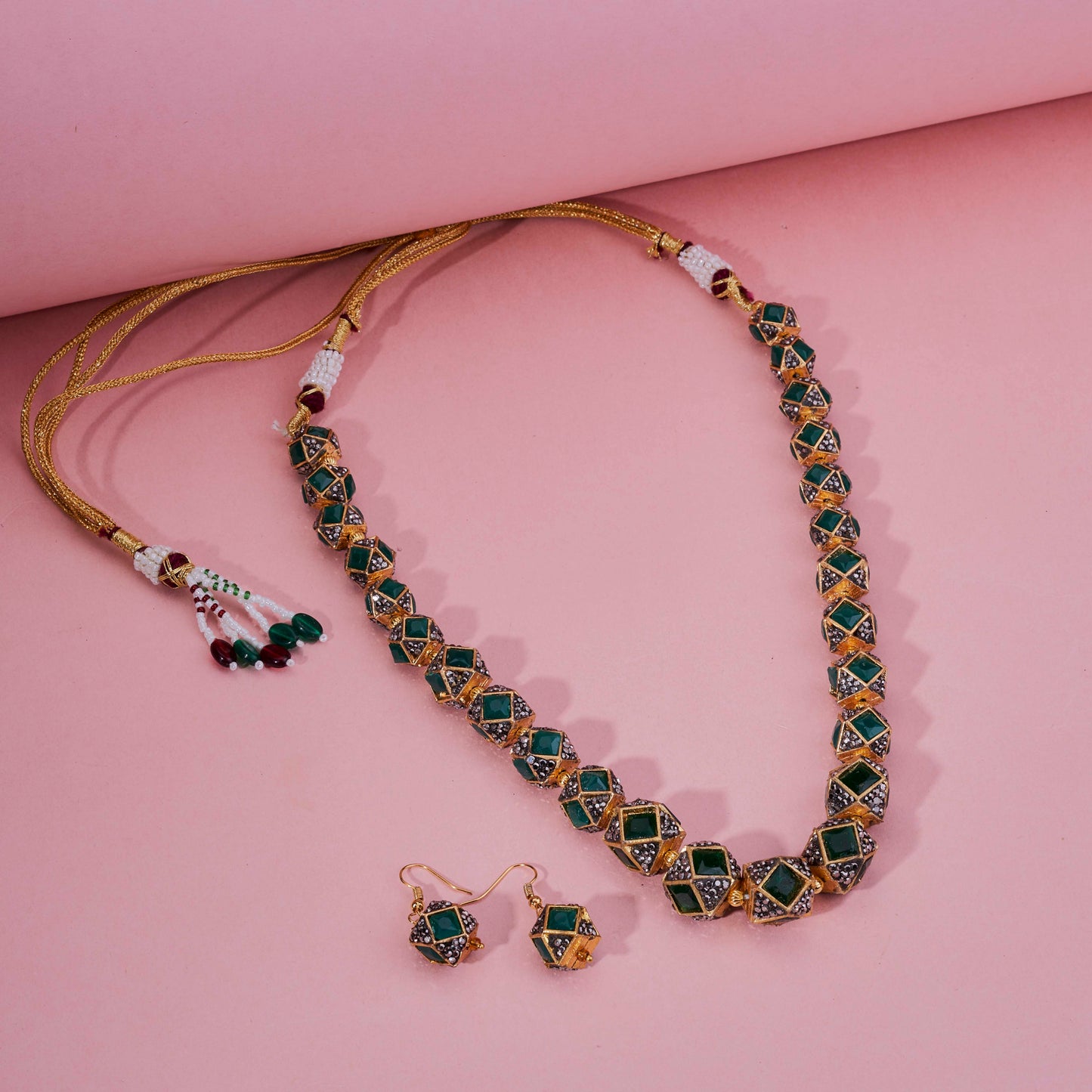 Halo Beaded Gold Plated Necklace Set with Earrings