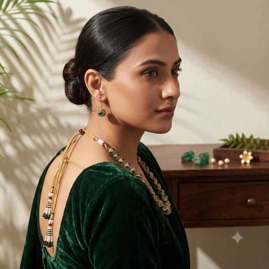 Halo Beaded Gold Plated Necklace Set with Earrings