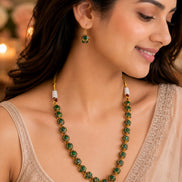 Halo Beaded Gold Plated Necklace Set with Earrings