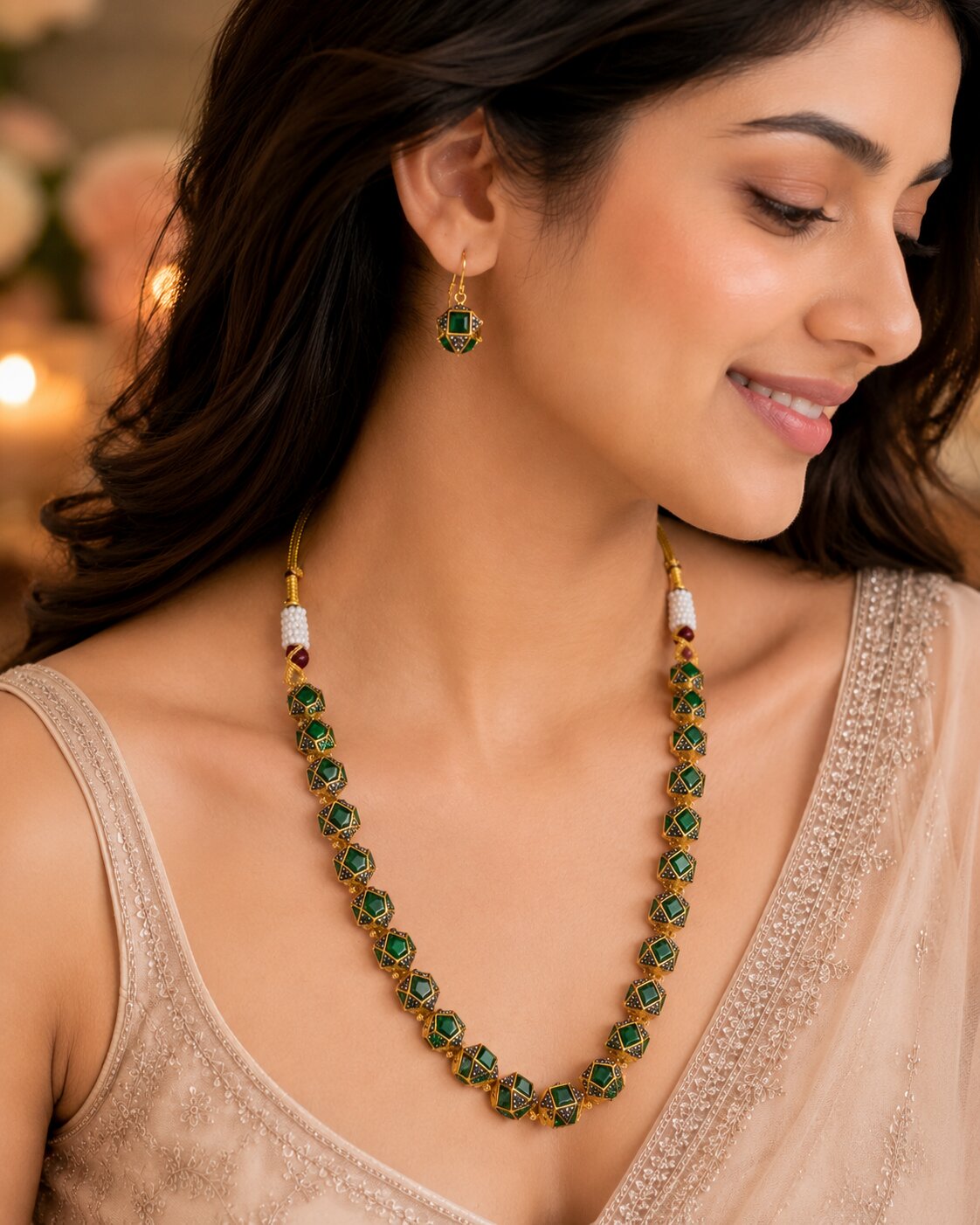 Halo Beaded Gold Plated Necklace Set with Earrings