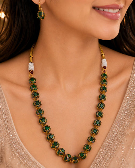 Halo Beaded Gold Plated Necklace Set with Earrings