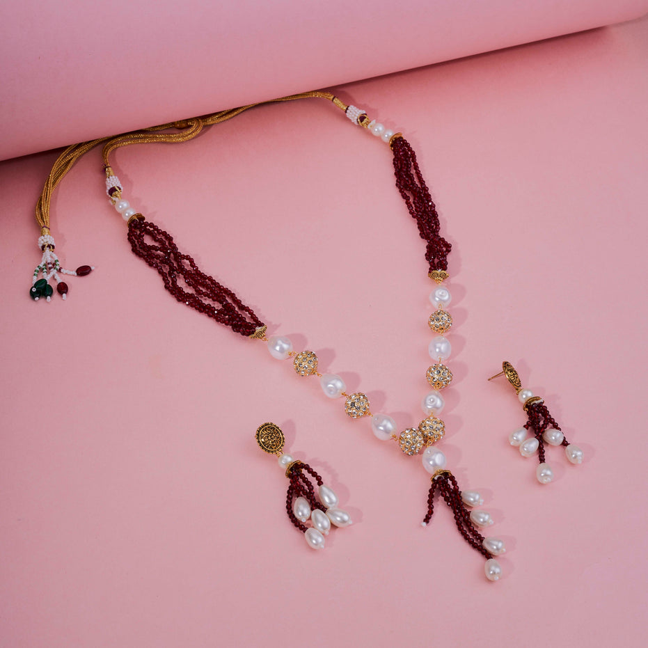 Pearl Beaded Gold Plated Necklace Set with Earrings