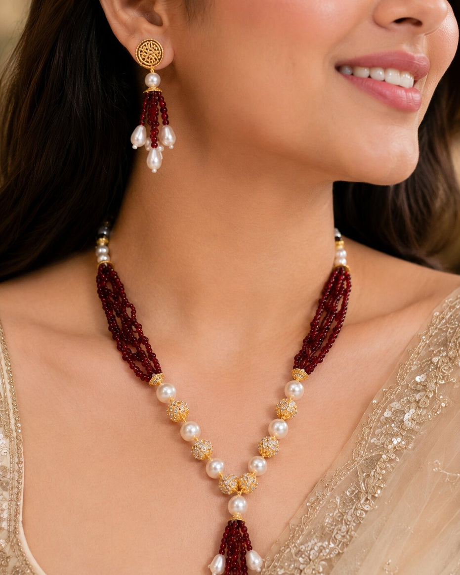 Pearl Beaded Gold Plated Necklace Set with Earrings
