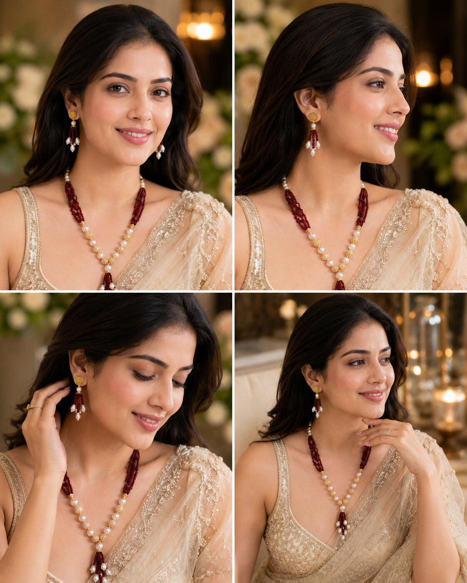 Pearl Beaded Gold Plated Necklace Set with Earrings