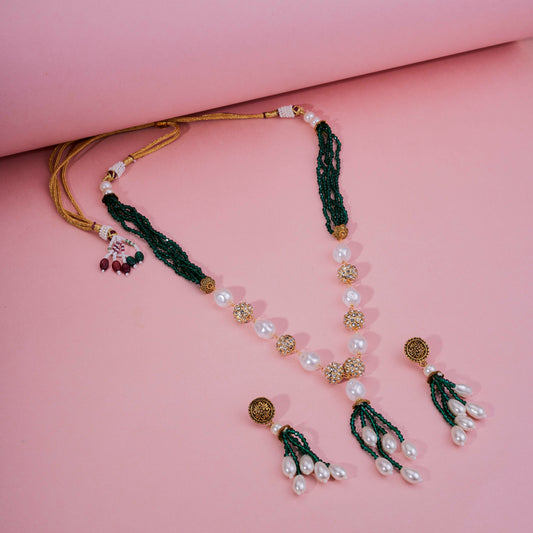 Pearl Beaded Gold Plated Necklace Set with Earrings