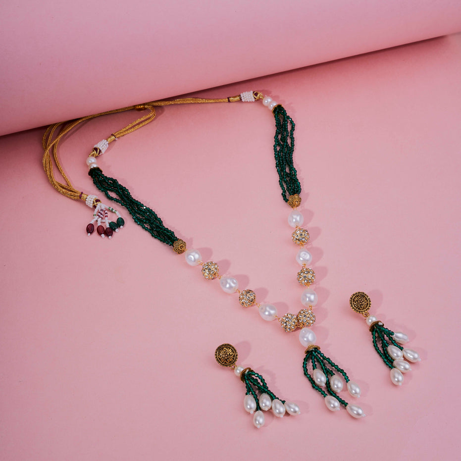 Pearl Beaded Gold Plated Necklace Set with Earrings