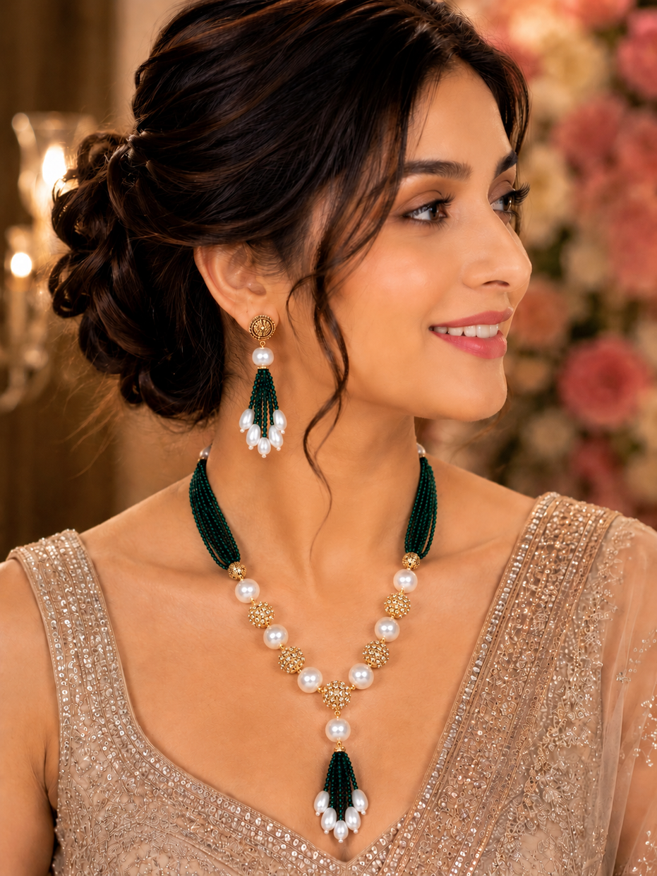 Pearl Beaded Gold Plated Necklace Set with Earrings