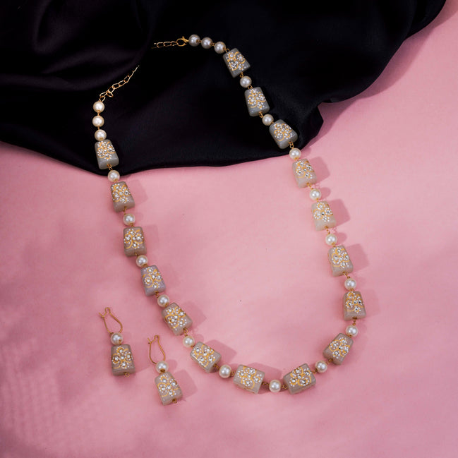 White Gemstone Gold Plated Necklace Set with Earrings