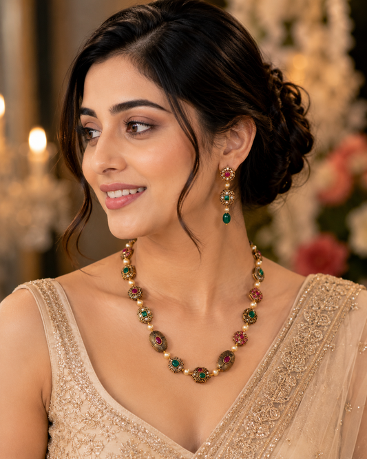 Leaf Enchanted Mehendi Plated Neclace Set with Earrings