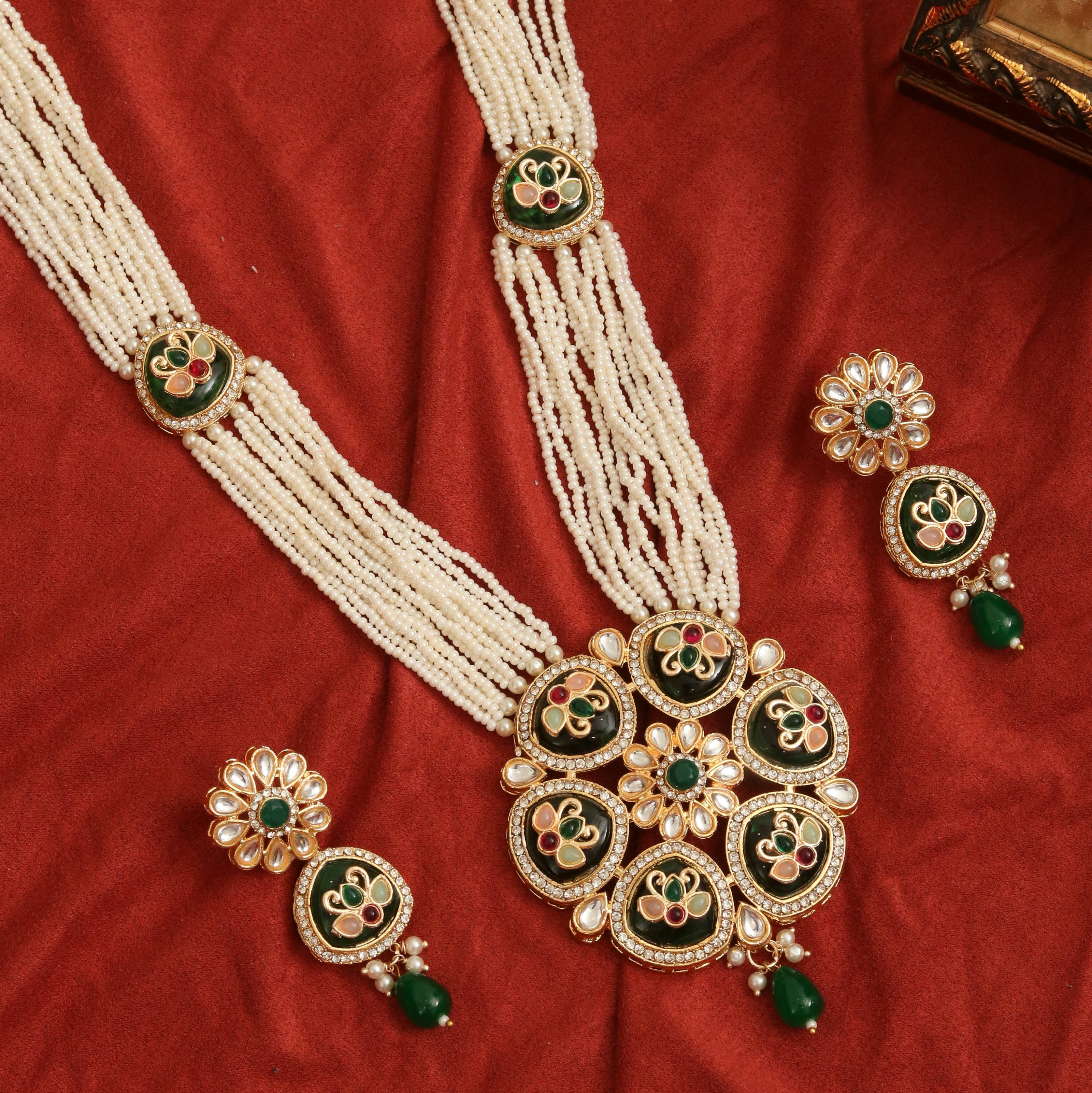 Gold Plated Kundan Pearl Long Necklace Set