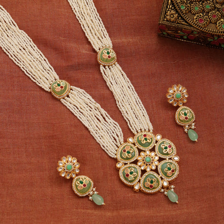 Gold Plated Kundan Pearl Long Necklace Set