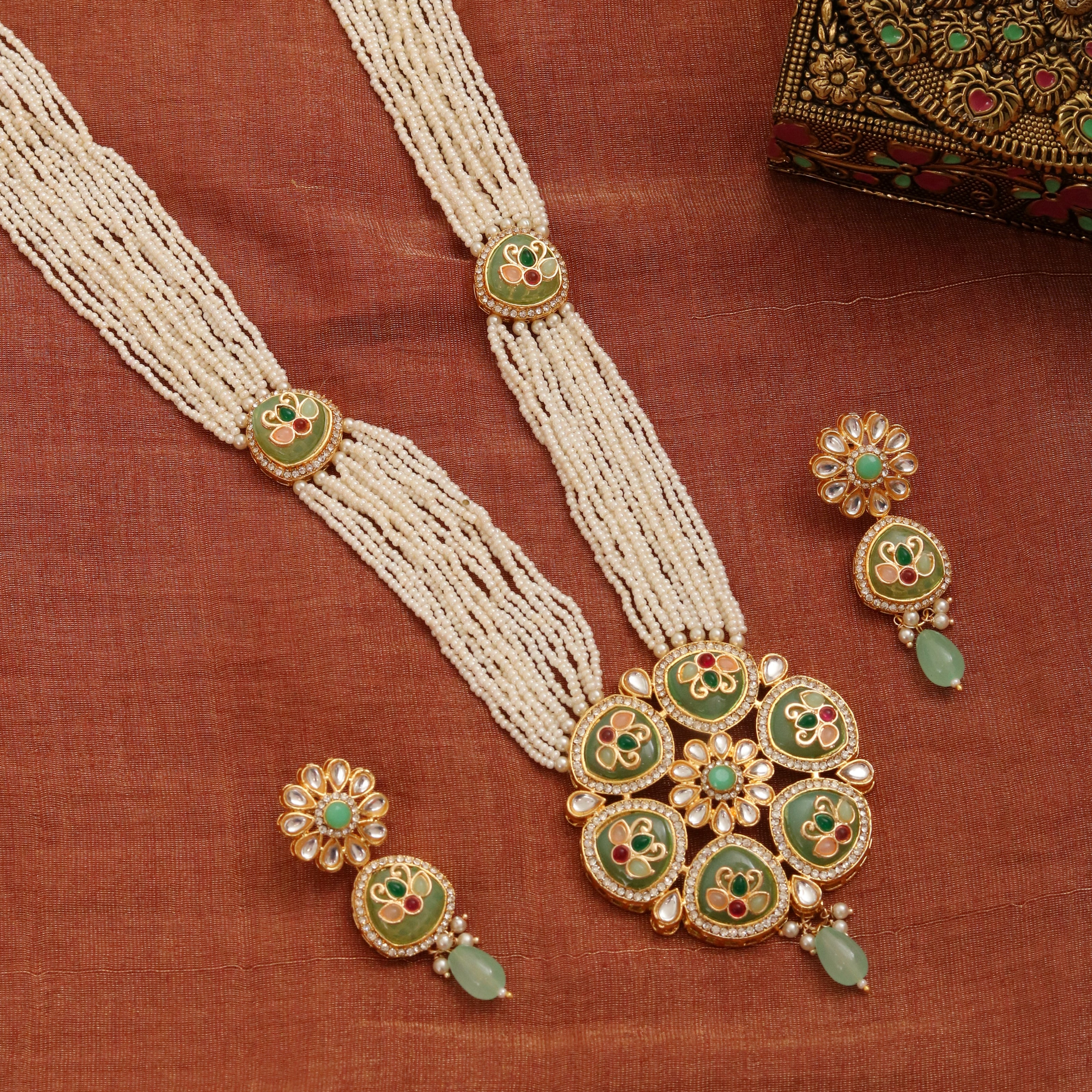 Gold Plated Kundan Pearl Long Necklace Set