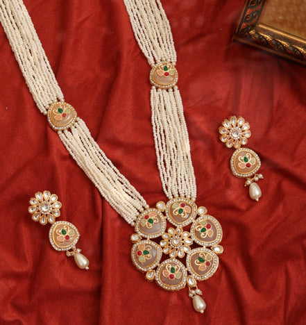 Gold Plated Kundan Pearl Long Necklace Set