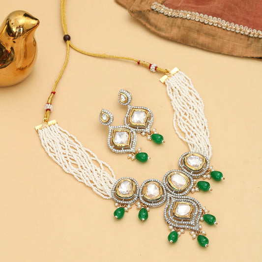 Adorned Ethnic Beaded Gold Plated Necklace Set with Earrings