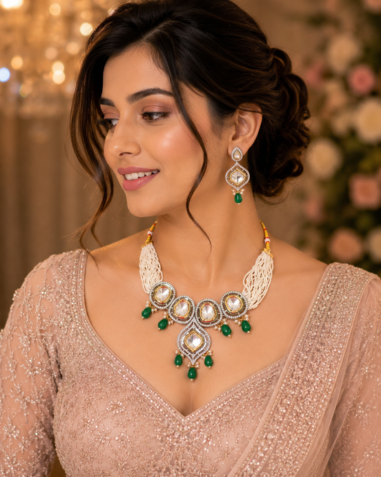 Adorned Ethnic Beaded Gold Plated Necklace Set with Earrings