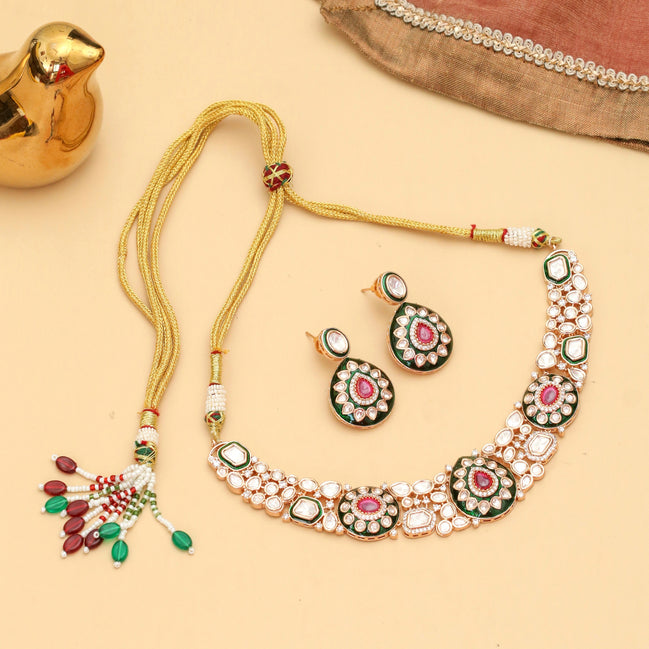 Designed Ethnic Gold Plated Necklace Set with Earrings