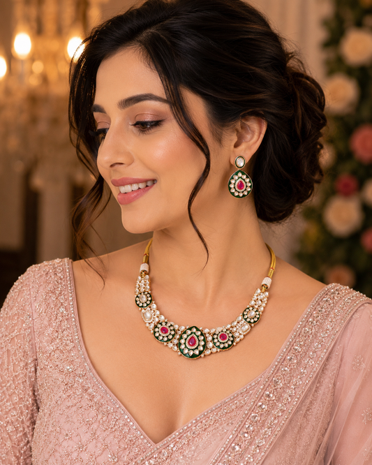 Designed Ethnic Gold Plated Necklace Set with Earrings