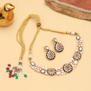Designed Ethnic Gold Plated Necklace Set with Earrings