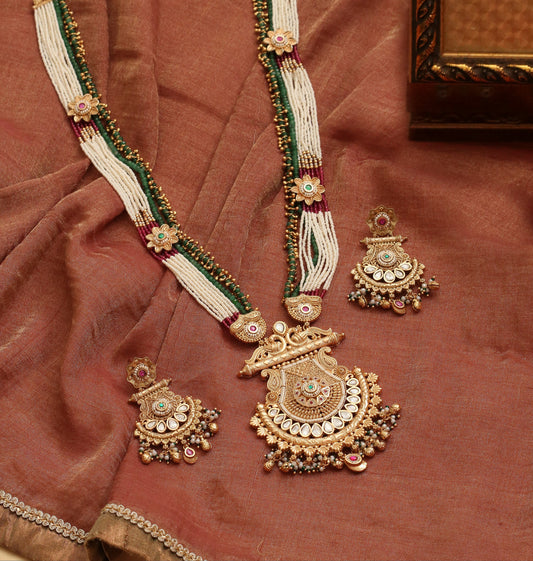 Multi-strand Beaded with Floral Motif Necklace Set with Earrings