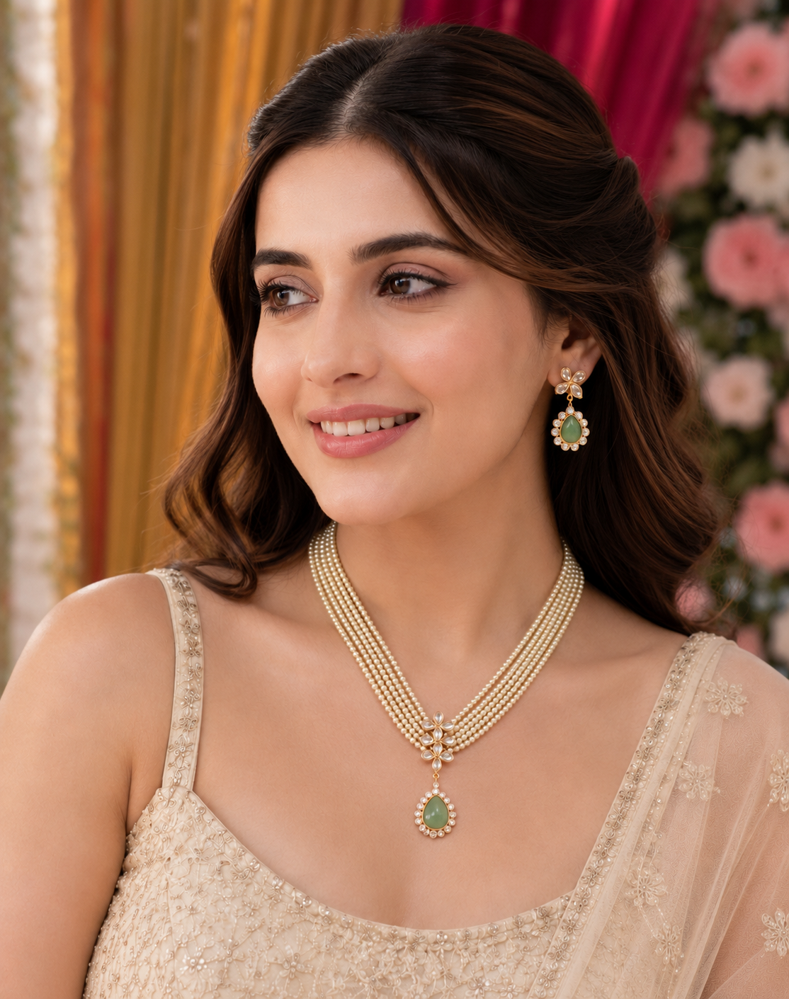 Elegant Floral Beaded Necklace Set with Earrings