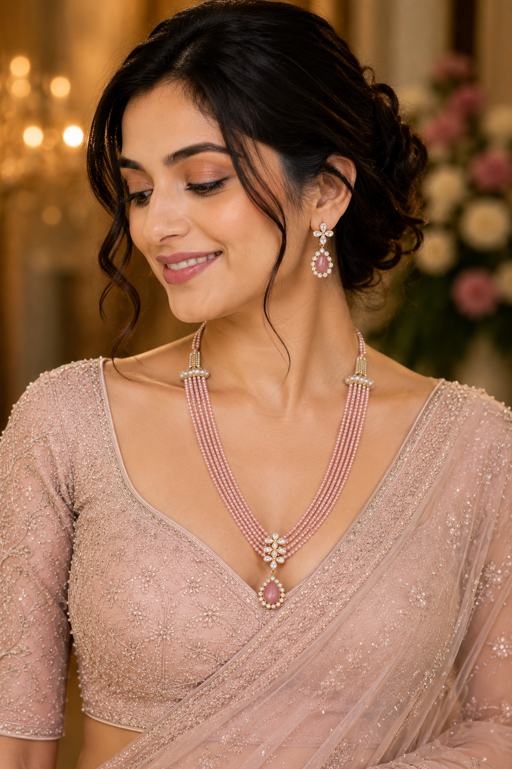 Elegant Floral Beaded Necklace Set with Earrings