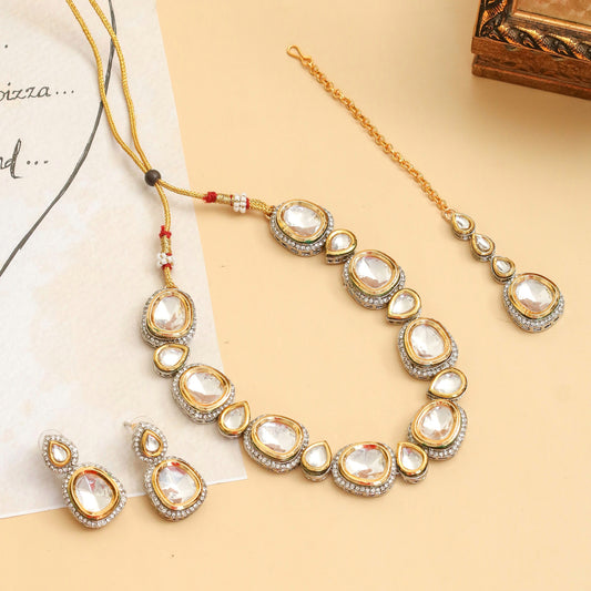 Teardrop Stones Gold Plated Necklace Set with Earrings and Maang Tika