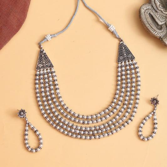 Oxidized Rhodium Plated Layered Pearl Necklace Set