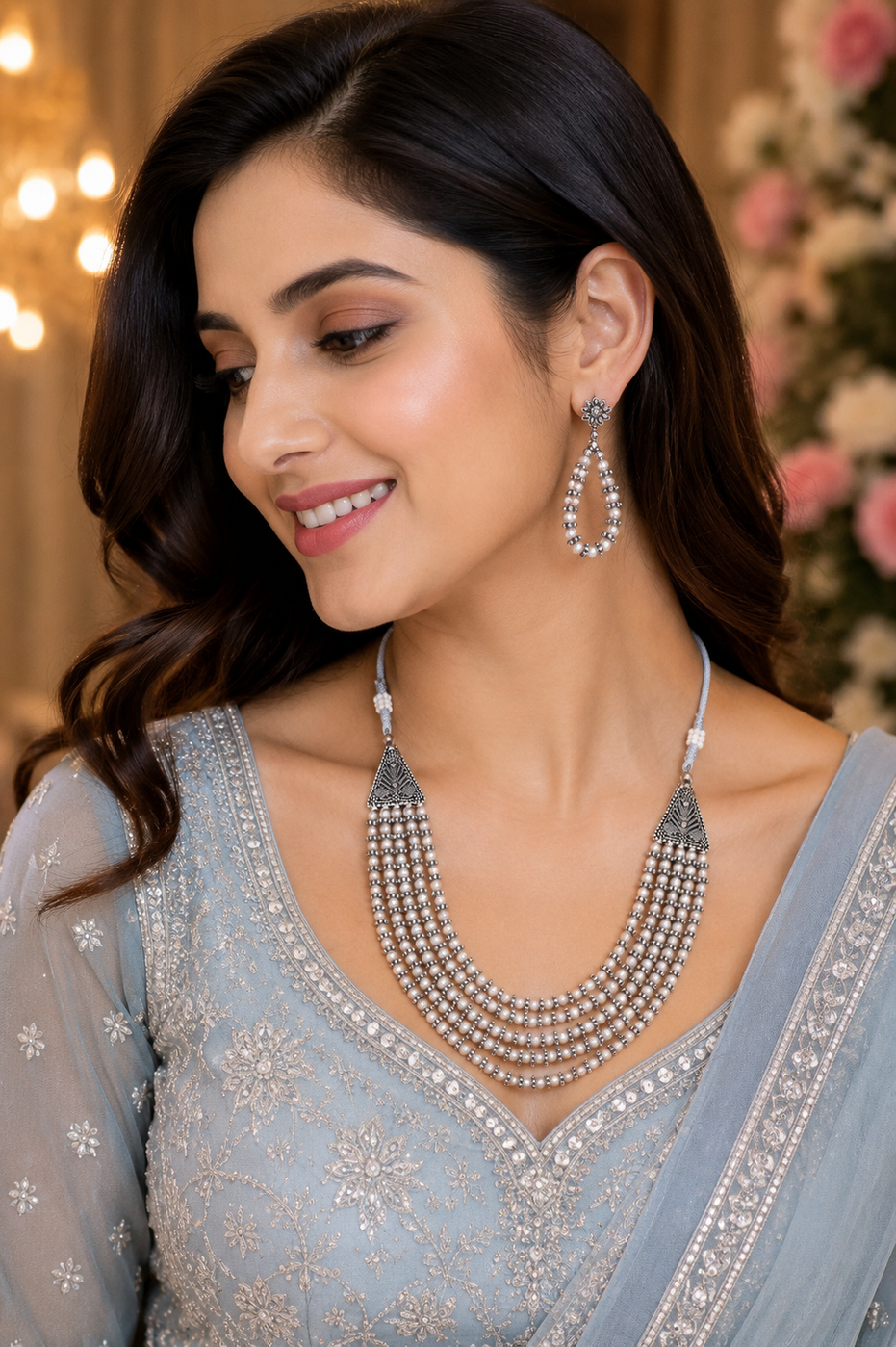 Multi-Layered Beaded Oxidised Necklace Earring Set