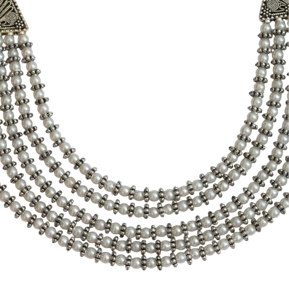 Oxidized Rhodium Plated Layered Pearl Necklace Set