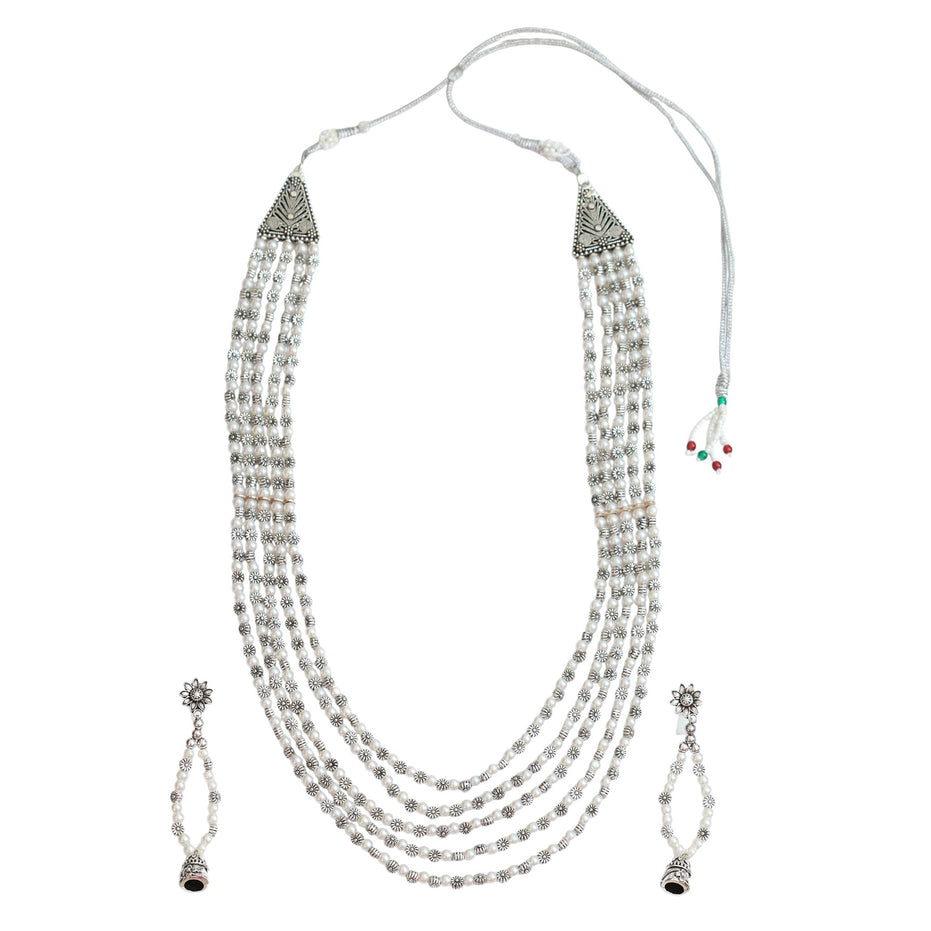 Multi-Layered Beaded Oxidised Necklace Earring Set