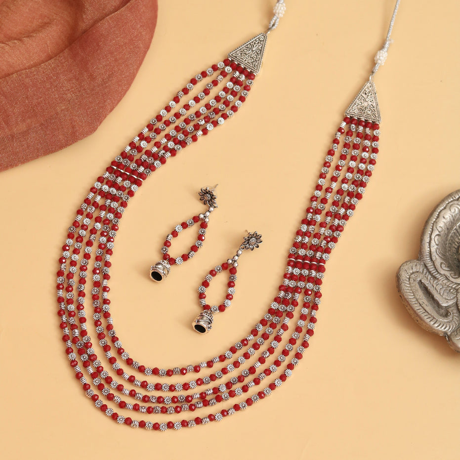 Multi-Layered Beaded Oxidised Necklace Earring Set
