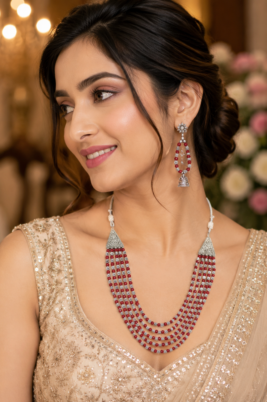 Multi-Layered Beaded Oxidised Necklace Earring Set