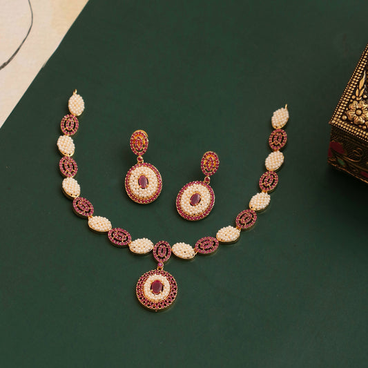 Matte Gold Plated Ruby & Pearl Choker Necklace Set