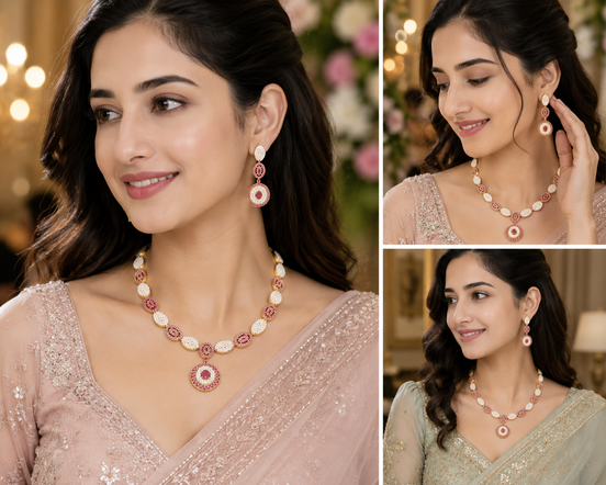 Matte Gold Plated Ruby & Pearl Choker Necklace Set