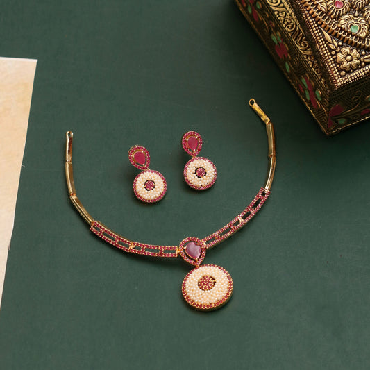 Traditional Gold Plated Ruby & Pearl Studded Ethnic Necklace Set