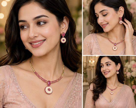 Traditional Gold Plated Ruby & Pearl Studded Ethnic Necklace Set