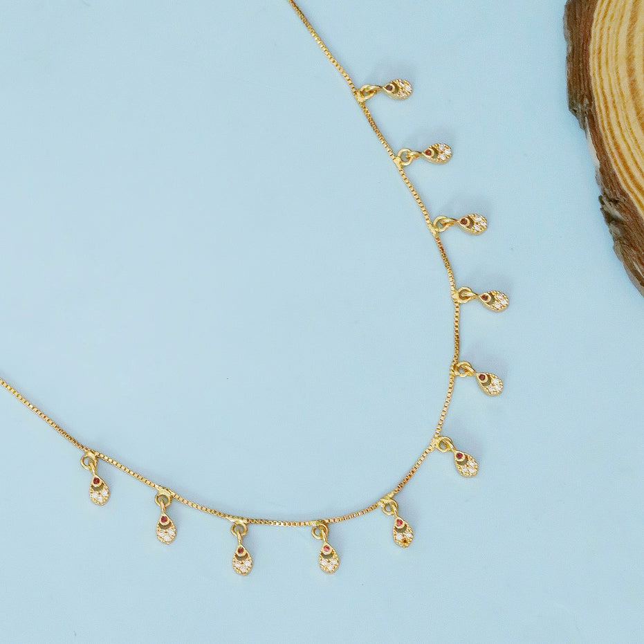 Gold Plated American Diamond Charm Necklace with Dangling Drop Charms