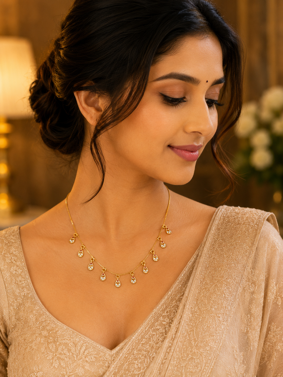 Gold Plated American Diamond Charm Necklace with Dangling Drop Charms