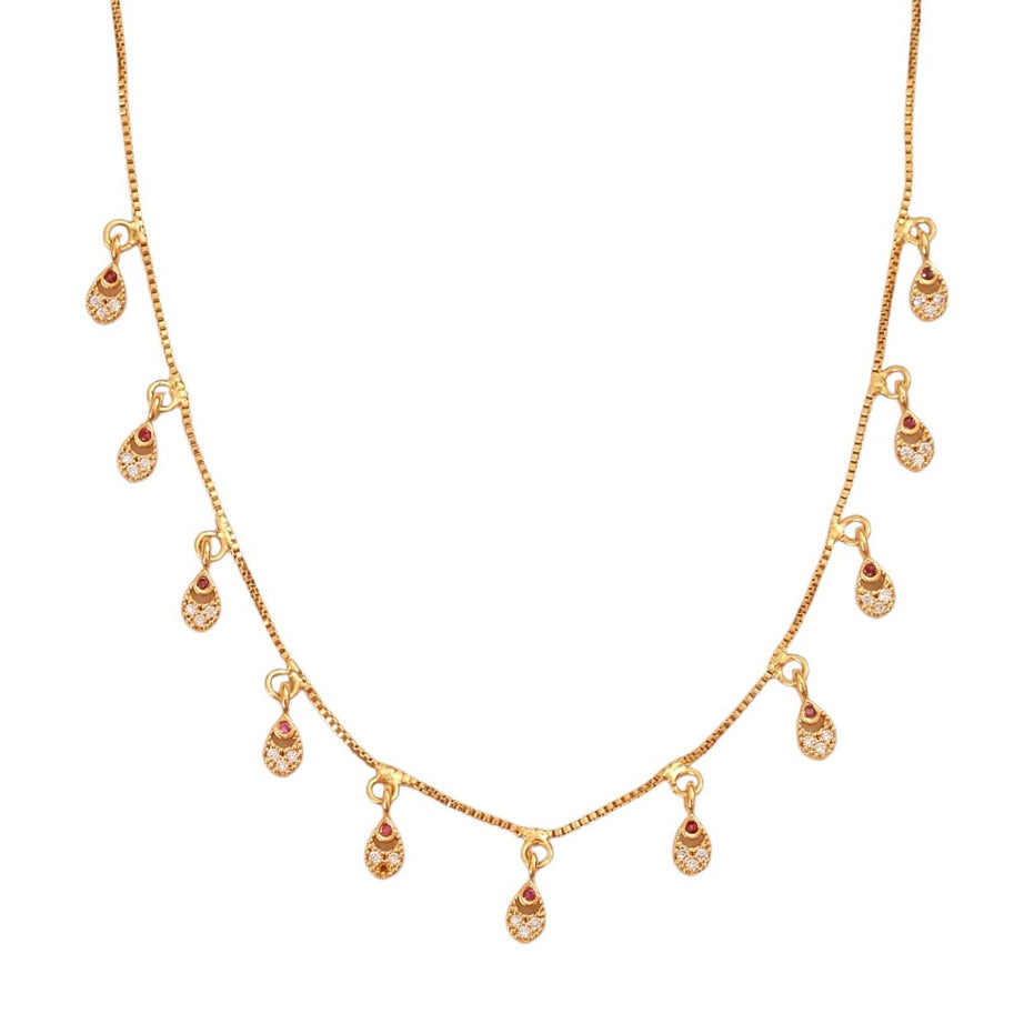 Gold Plated American Diamond Charm Necklace with Dangling Drop Charms