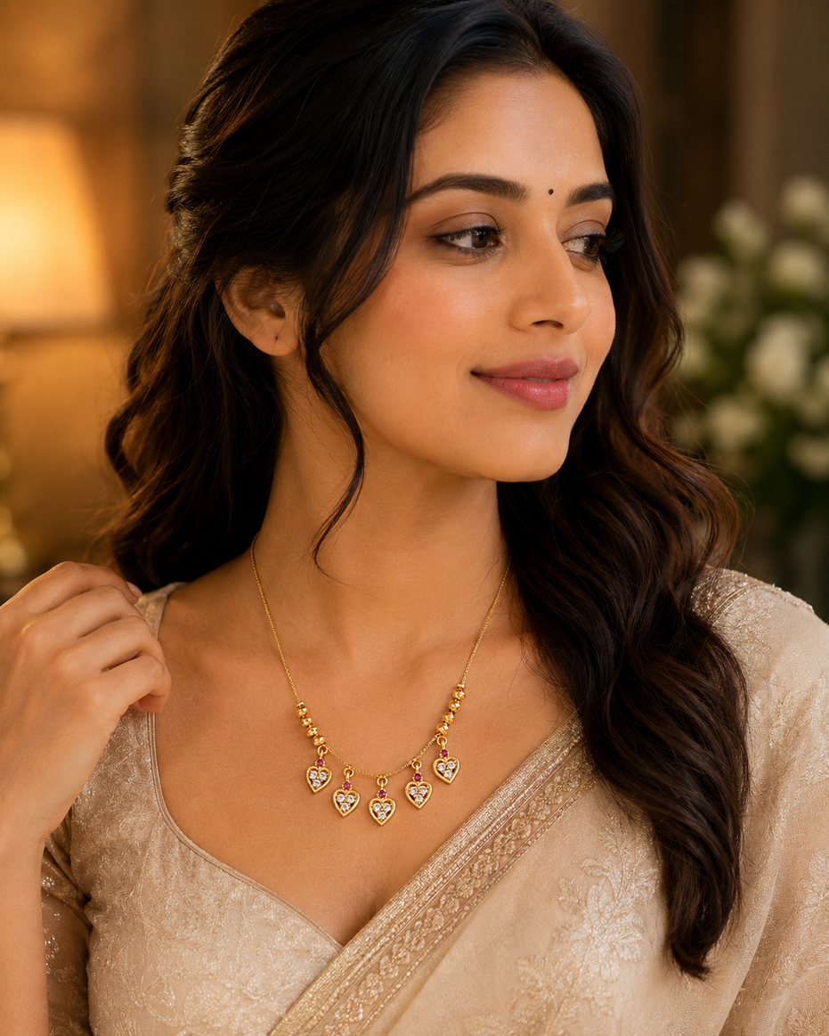 Gold Plated American Diamond Heart Charm Necklace with Stone Studded Dangle Charms