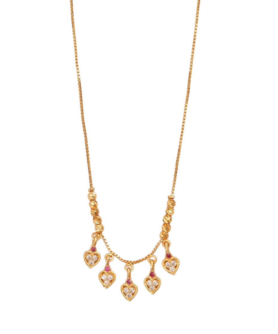 Gold Plated American Diamond Heart Charm Necklace with Stone Studded Dangle Charms