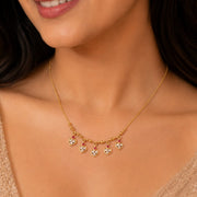 Gold Plated American Diamond Heart Charm Necklace with Stone Studded Dangle Charms