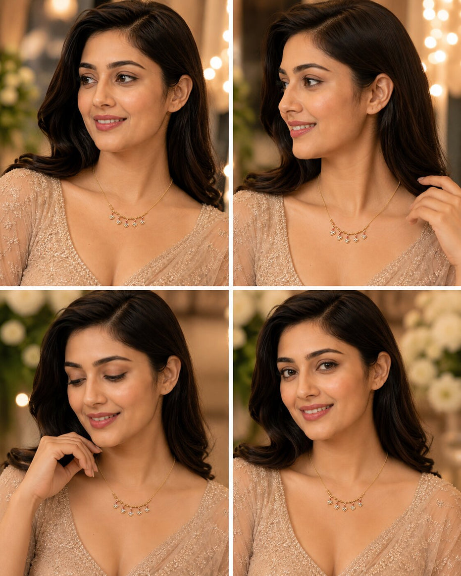 Gold Plated American Diamond Heart Charm Necklace with Stone Studded Dangle Charms