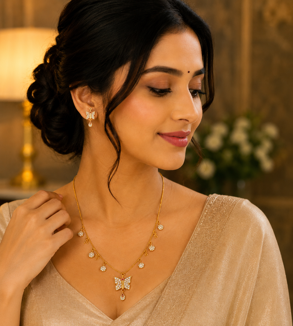 Gold Plated American Diamond Butterfly Pendant Necklace with Dangling Charms